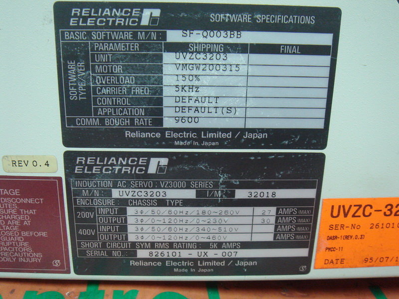 RELIANCEELECTRIC VZ3000 DIGITAL AC SERVO CONTROL UVZC3203 PLC DCS